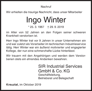 Traueranzeige von Ingo Winter von Siegener Zeitung