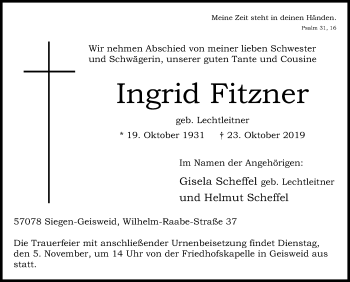 Traueranzeige von Ingrid Fitzner von Siegener Zeitung