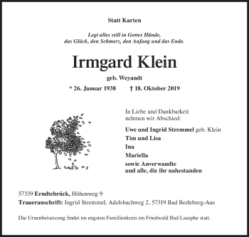 Traueranzeige von Irmgard Klein von Siegener Zeitung