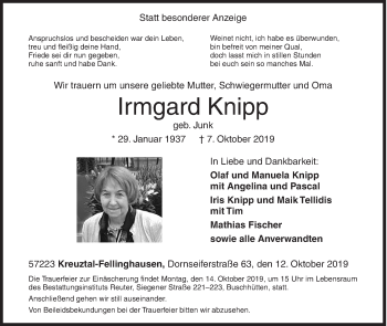 Traueranzeige von Irmgard Knipp von Siegener Zeitung