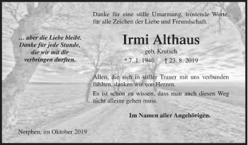 Traueranzeige von Irmi Althaus von Siegener Zeitung
