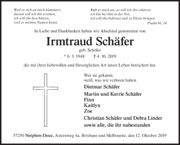 Traueranzeige von Irmtraud Schäfer von Siegener Zeitung