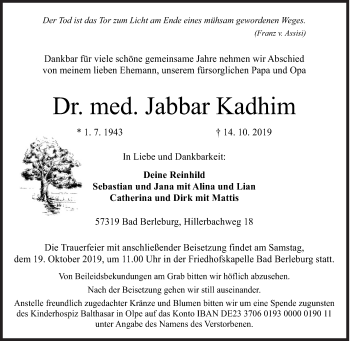 Traueranzeige von Jabbar Kadhim von Siegener Zeitung