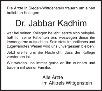 Traueranzeige von Jabbar Kadhim von Siegener Zeitung
