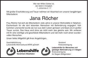 Traueranzeige von Jana Röcher von Siegener Zeitung