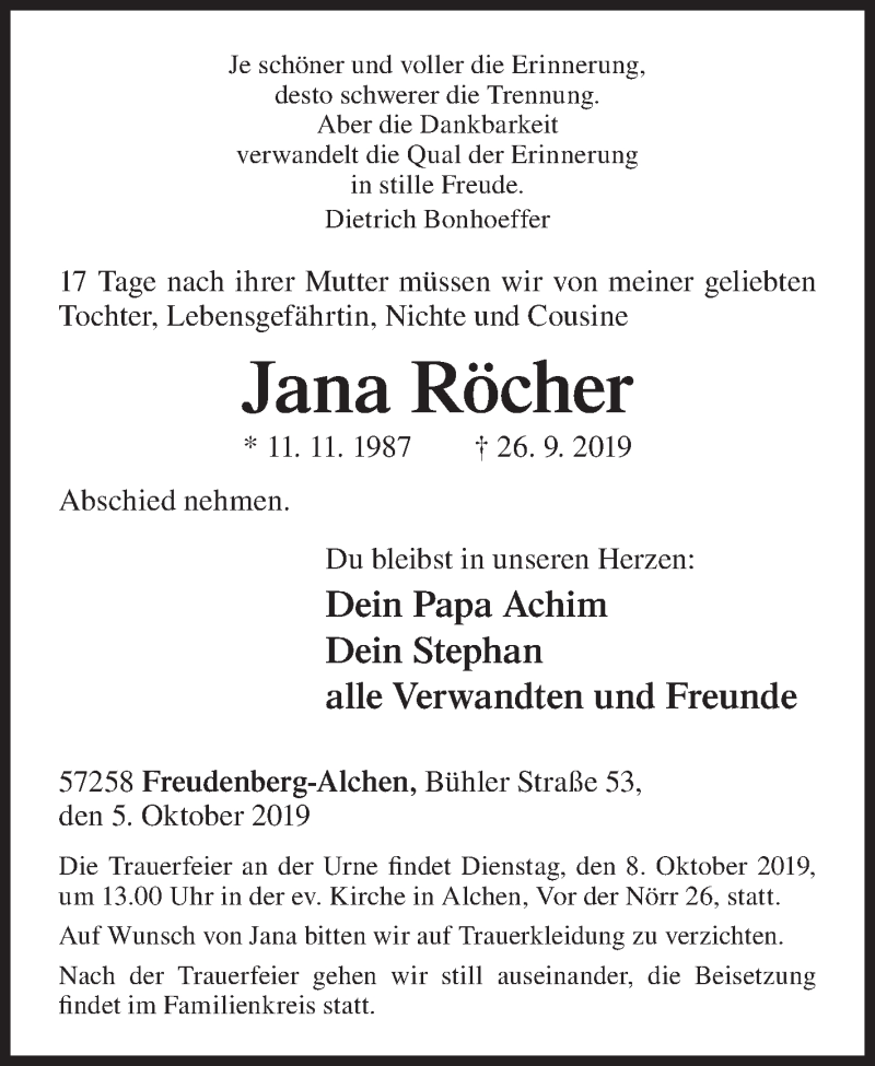  Traueranzeige für Jana Röcher vom 05.10.2019 aus Siegener Zeitung