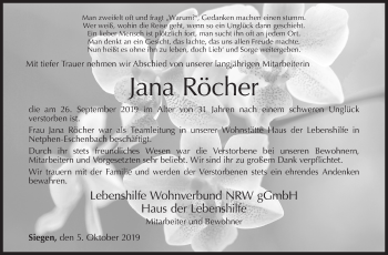 Traueranzeige von Jana Röcher von Siegener Zeitung