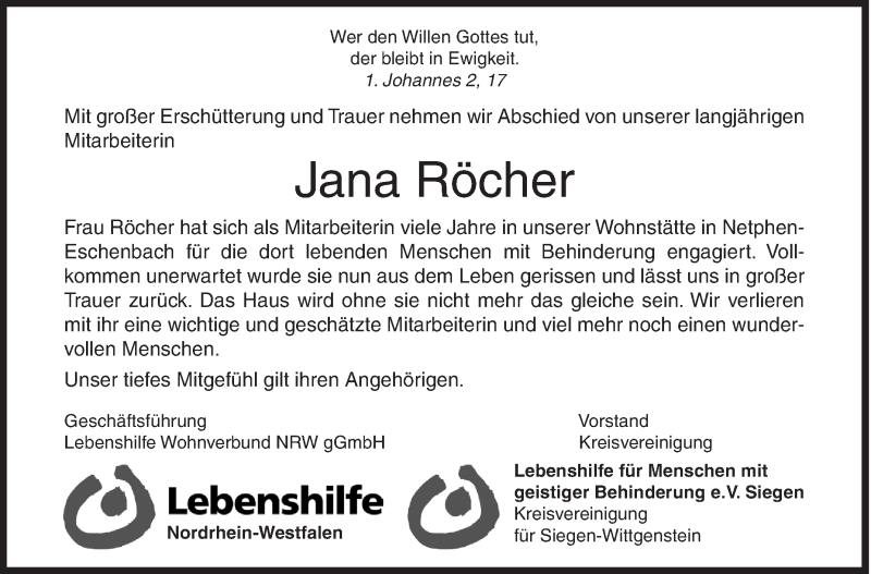  Traueranzeige für Jana Röcher vom 05.10.2019 aus Siegener Zeitung