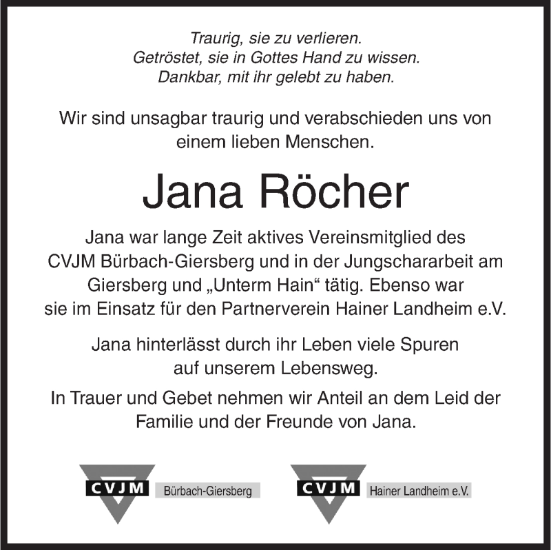  Traueranzeige für Jana Röcher vom 12.10.2019 aus Siegener Zeitung