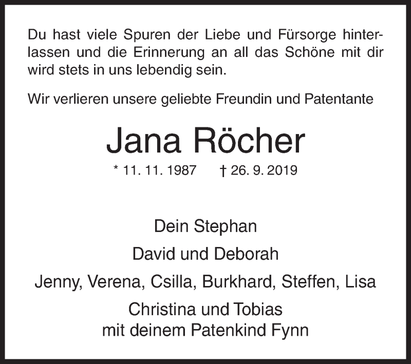  Traueranzeige für Jana Röcher vom 08.10.2019 aus Siegener Zeitung