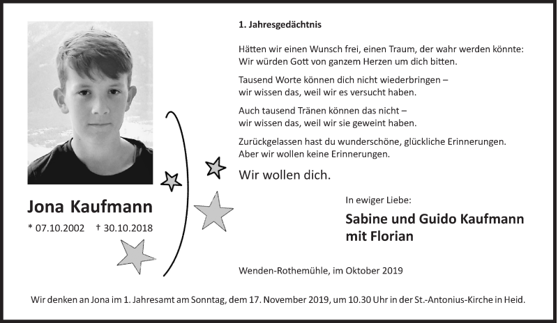  Traueranzeige für Jona Kaufmann vom 30.10.2019 aus Siegener Zeitung