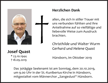 Traueranzeige von Josef Quast von Siegener Zeitung