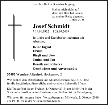 Traueranzeige von Josef Schmidt von Siegener Zeitung