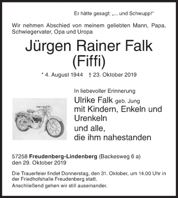 Traueranzeige von Jürgen Rainer Falk von Siegener Zeitung