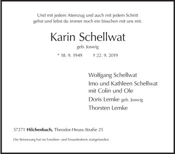 Traueranzeige von Karin Schellwat von Siegener Zeitung