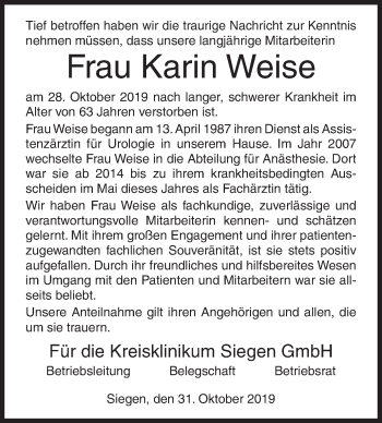 Traueranzeige von Karin Weise von Siegener Zeitung