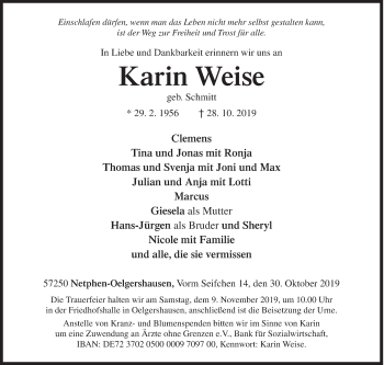 Traueranzeige von Karin Weise von Siegener Zeitung