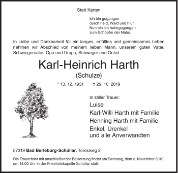 Traueranzeige von Karl-Heinrich Harth von Siegener Zeitung