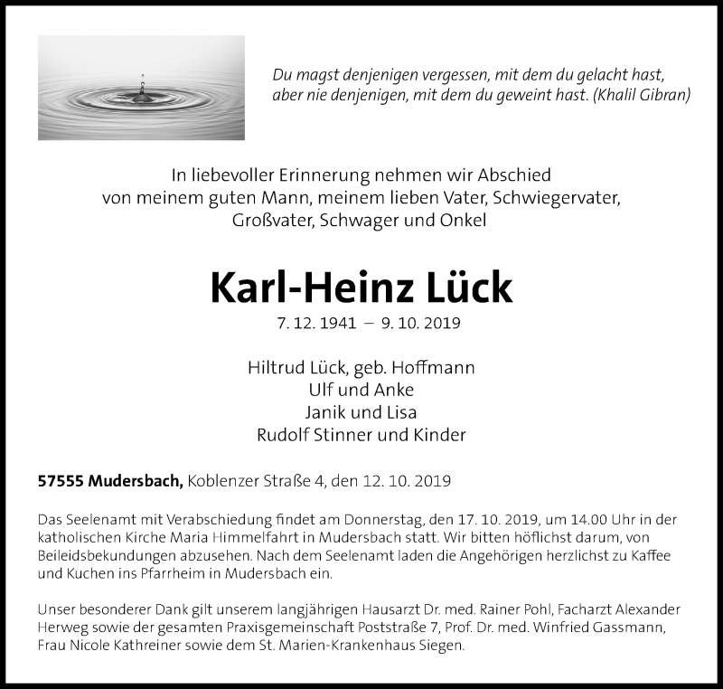  Traueranzeige für Karl-Heinz Lück vom 12.10.2019 aus Siegener Zeitung