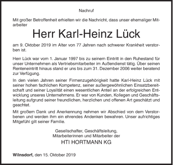 Traueranzeige von Karl-Heinz Lück von Siegener Zeitung