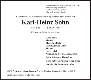 Traueranzeige von Karl-Heinz Sohn von Siegener Zeitung
