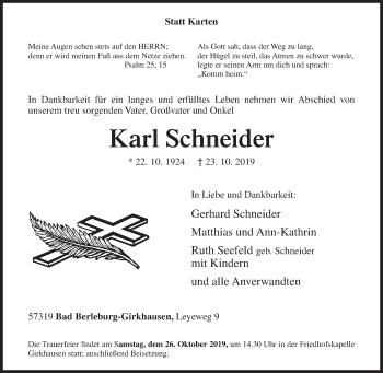 Traueranzeige von Karl Schneider von Siegener Zeitung