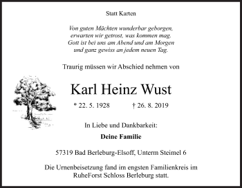 Traueranzeige von Karl Heinz Wust von Siegener Zeitung