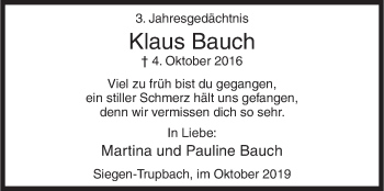 Traueranzeige von Klaus Bauch von Siegener Zeitung