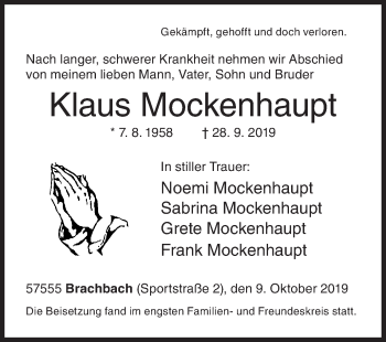 Traueranzeige von Klaus Mockenhaupt von Siegener Zeitung