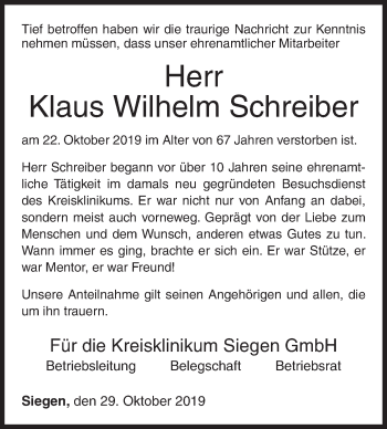 Traueranzeige von Klaus Wilhelm Schreiber von Siegener Zeitung