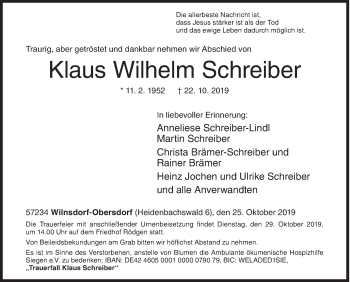 Traueranzeige von Klaus Wilhelm Schreiber von Siegener Zeitung