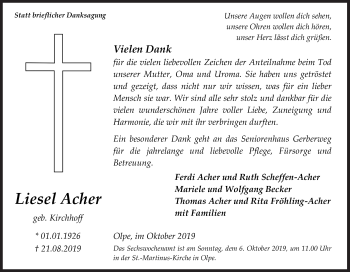 Traueranzeige von Liesel Acher von Siegener Zeitung