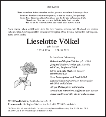 Traueranzeige von Lieselotte Völkel von Siegener Zeitung