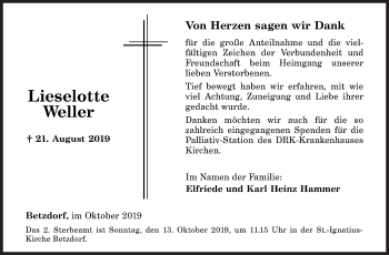 Traueranzeige von Lieselotte Weller von Siegener Zeitung