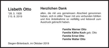 Traueranzeige von Lisbeth Otto von Siegener Zeitung
