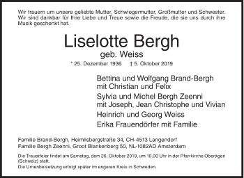 Traueranzeige von Liselotte Bergh von Siegener Zeitung