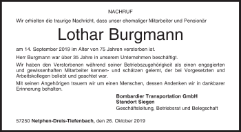 Traueranzeige von Lothar Burgmann von Siegener Zeitung