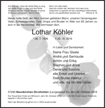 Traueranzeige von Lothar Köhler von Siegener Zeitung