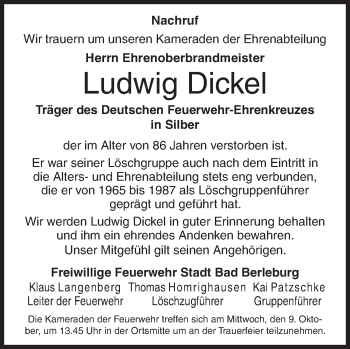 Traueranzeige von Ludwig Dickel von Siegener Zeitung