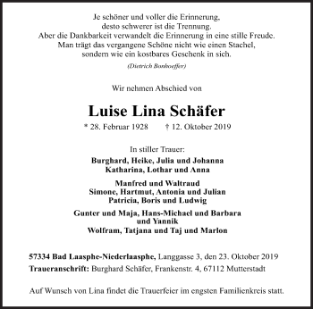Traueranzeige von Luise Lina Schäfer von Siegener Zeitung