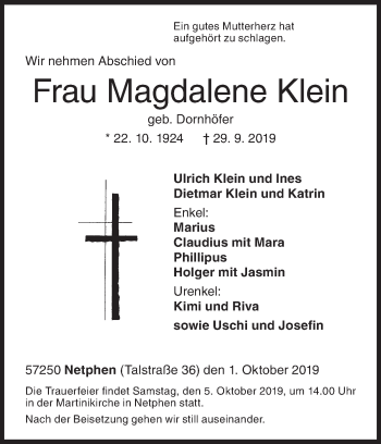 Traueranzeige von Magdalene Klein von Siegener Zeitung