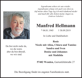 Traueranzeige von Manfred Hellmann von Siegener Zeitung