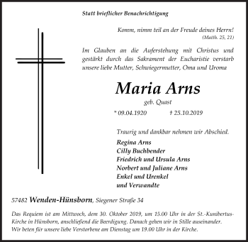 Traueranzeige von Maria Arns von Siegener Zeitung
