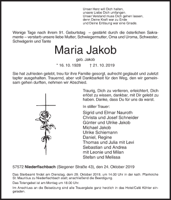 Traueranzeige von Maria Jakob von Siegener Zeitung