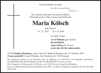 Traueranzeige von Maria Kölsch von Siegener Zeitung