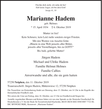 Traueranzeige von Marianne Hadem von Siegener Zeitung