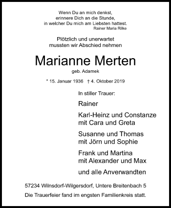 Traueranzeige von Marianne Merten von Siegener Zeitung