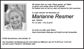 Traueranzeige von Marianne Resmer von Siegener Zeitung