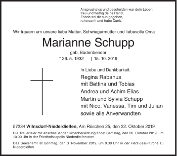 Traueranzeige von Marianne Schupp von Siegener Zeitung