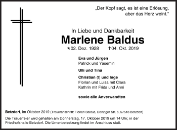 Traueranzeige von Marlene Baldus von Siegener Zeitung